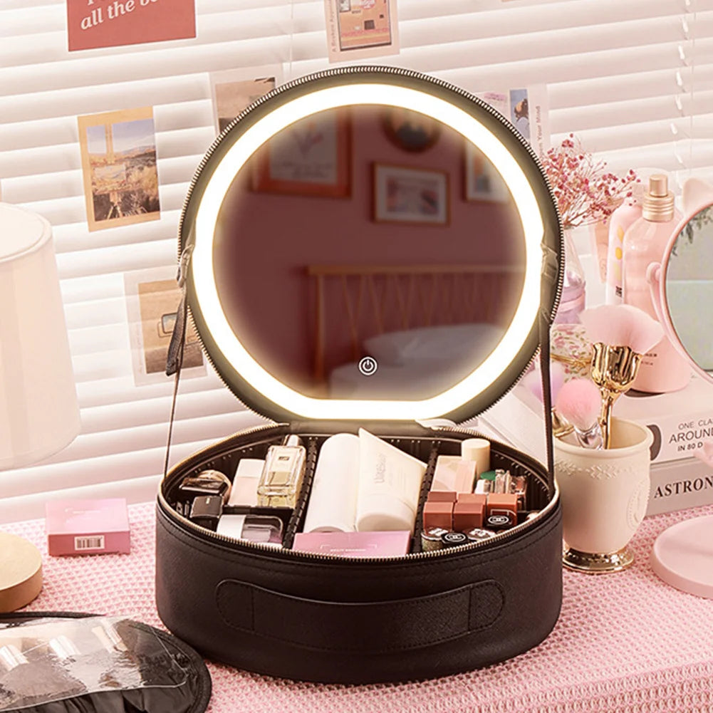 Trousse Cosmétique Ronde avec Miroir LED Lumineux